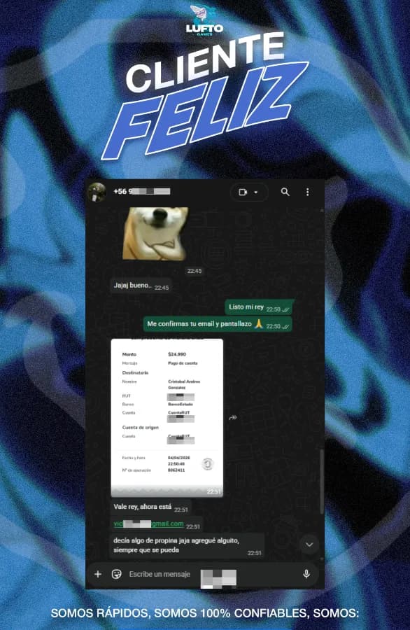 Captura de WhatsApp de un cliente de Luftogames confirmando su compra