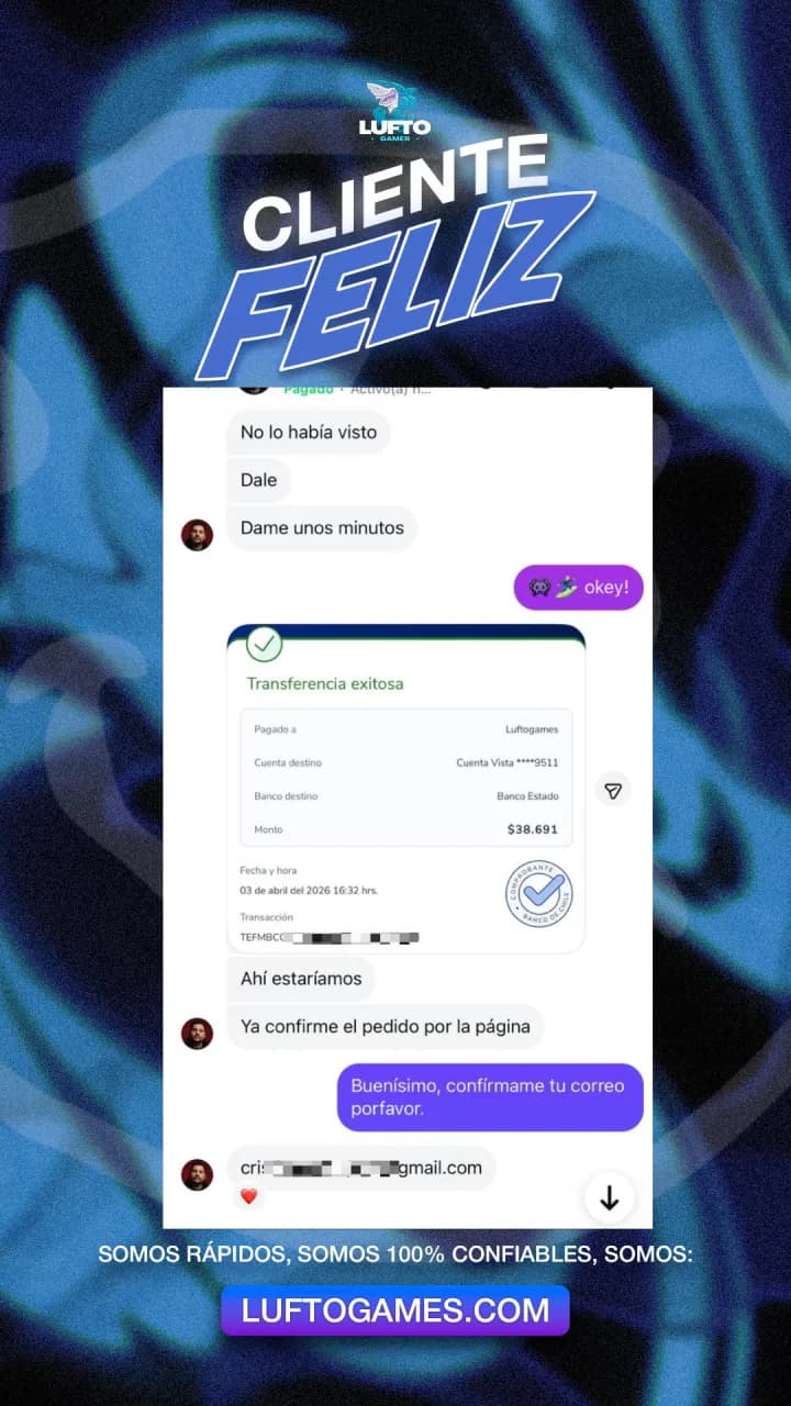 Captura de WhatsApp de un cliente de Luftogames confirmando su compra